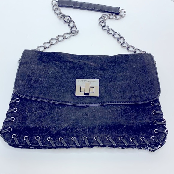 BCBGeneration | Black Leather Bag Chain Link Detailing Braided Leather Sides NEW - Picture 2 of 13
